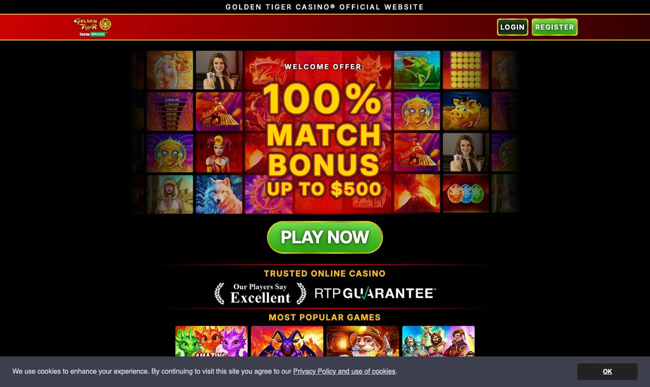 Golden Tiger Casino home page on desktop