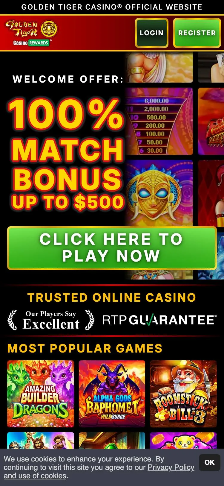 Golden Tiger Casino home page on mobile