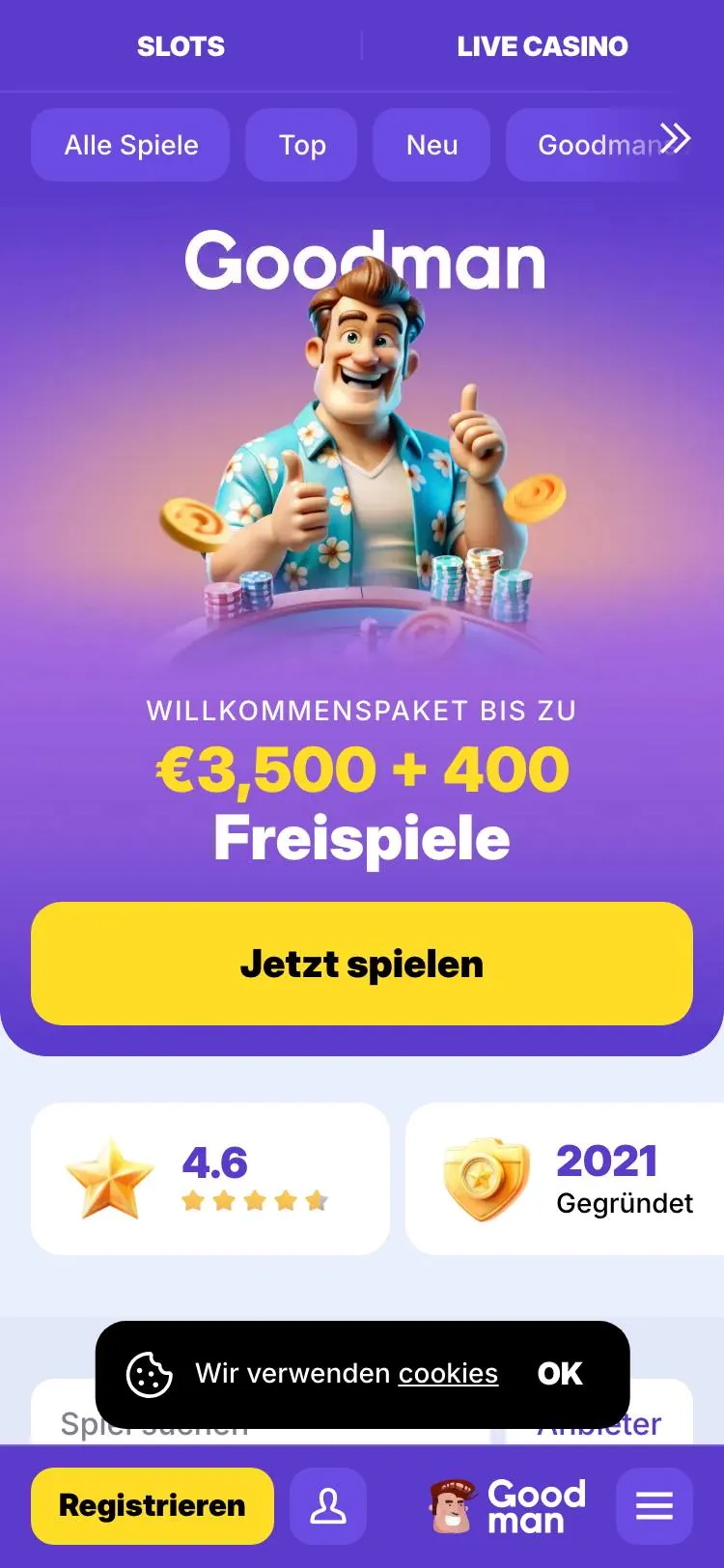Goodman Casino home page on mobile