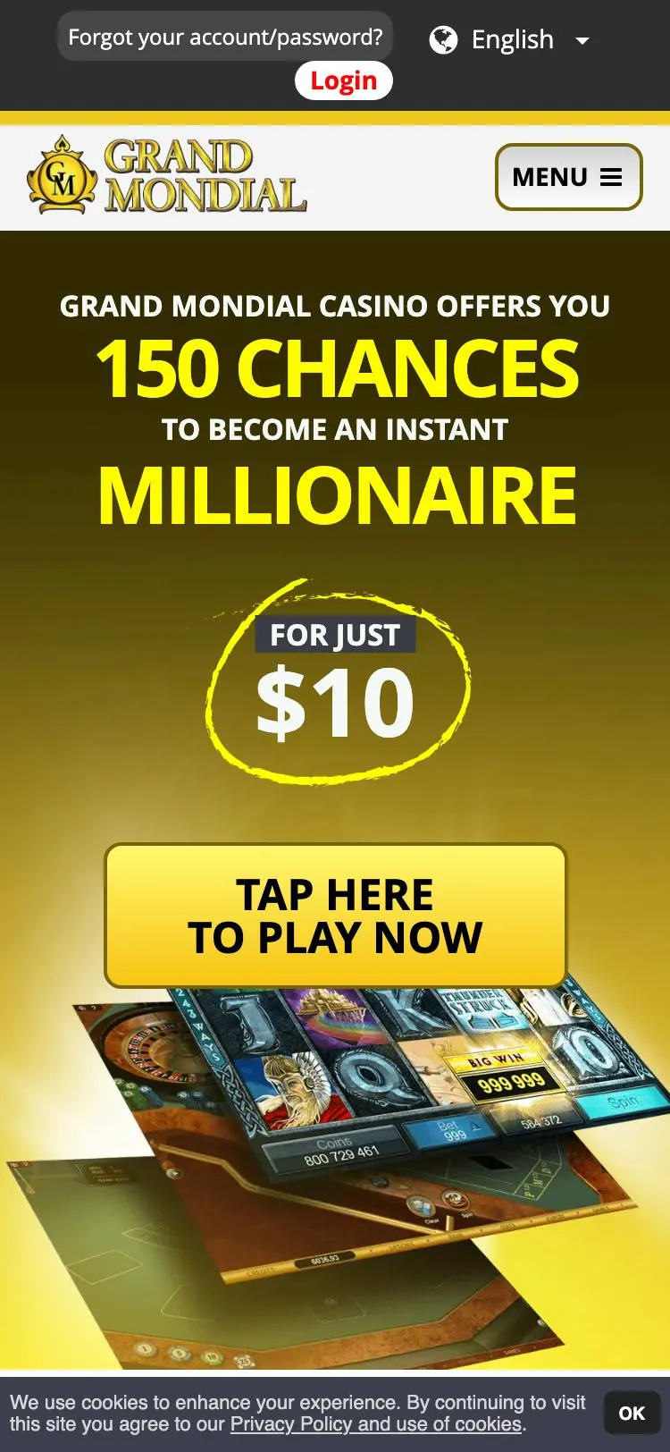 Grand Mondial Casino home page on mobile