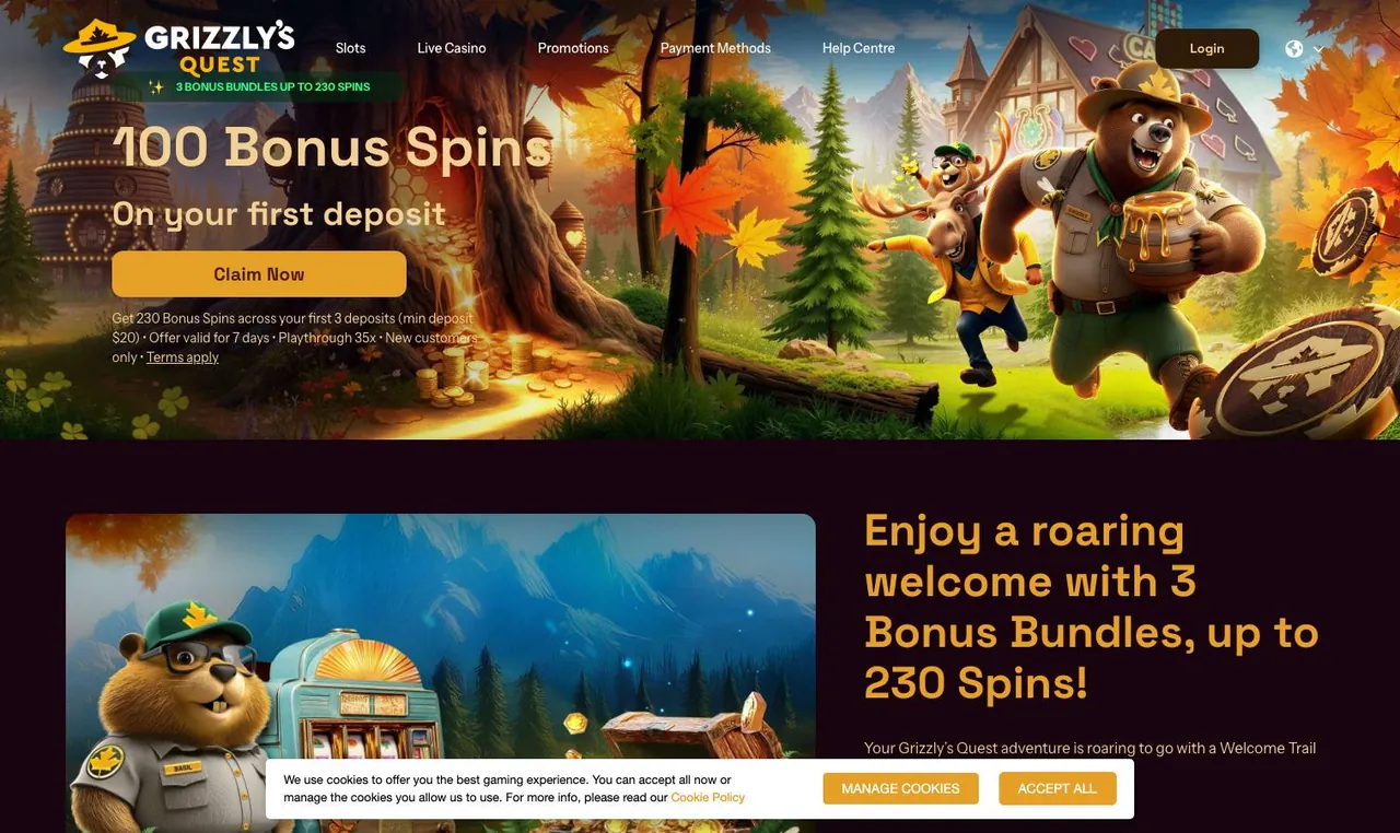 Grizzly's Quest home page on desktop