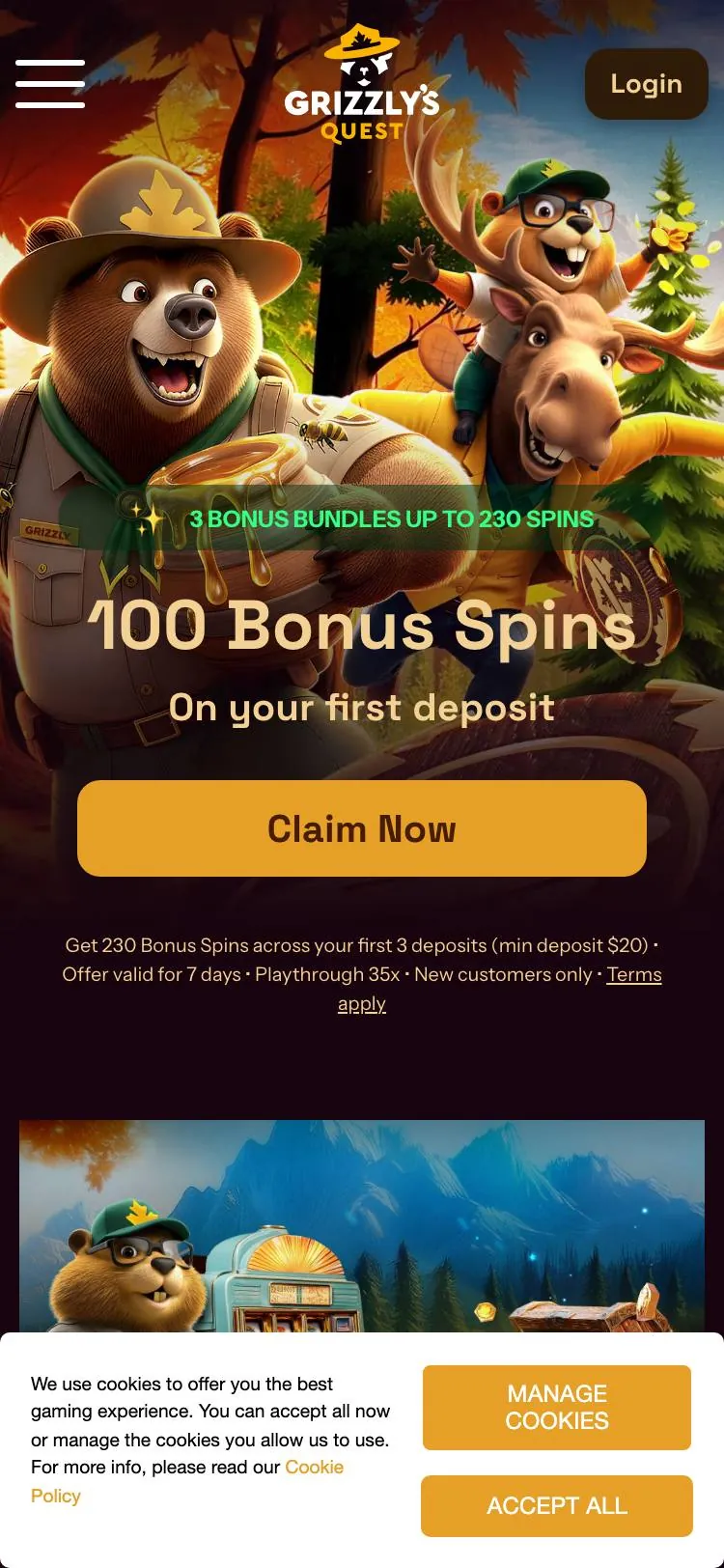 Grizzly's Quest home page on mobile