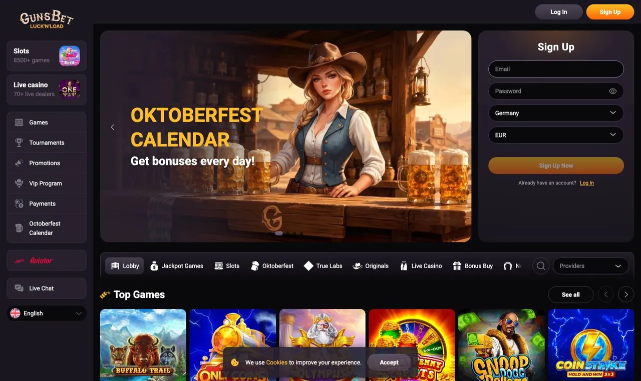 Gunsbet home page on desktop