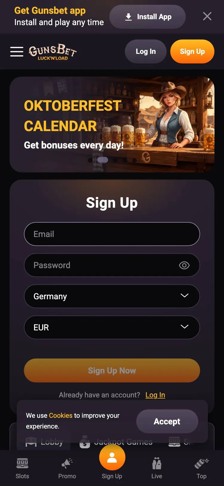 Gunsbet home page on mobile
