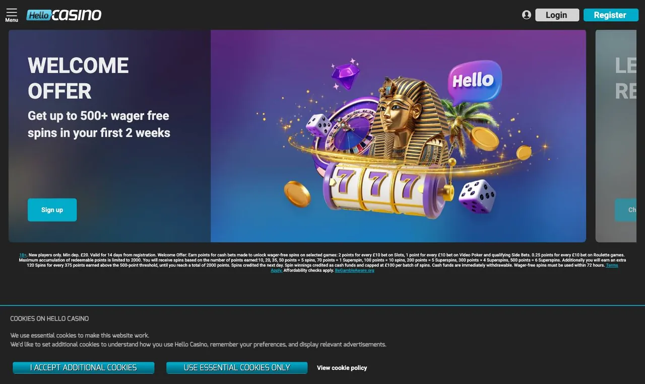 Hello Casino home page on desktop