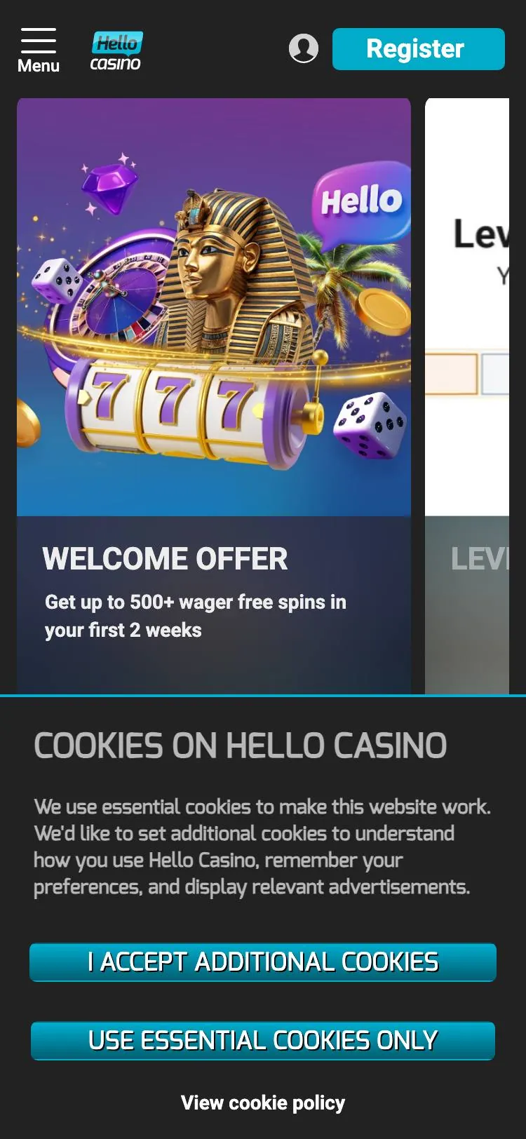 Hello Casino home page on mobile