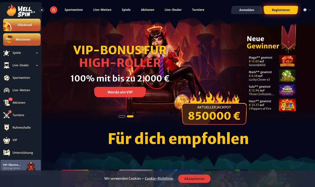 HellSpin home page on desktop