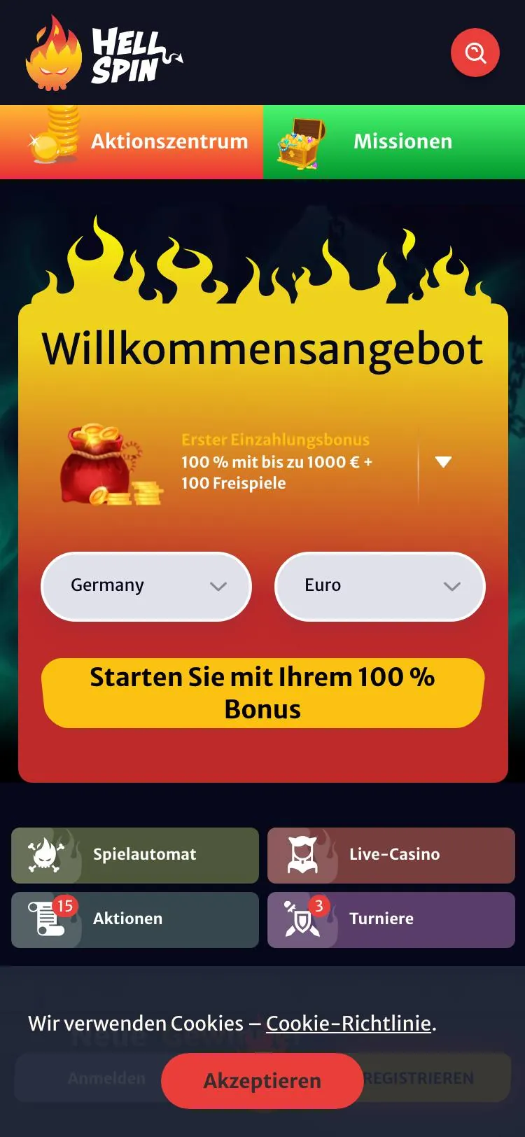 HellSpin home page on mobile