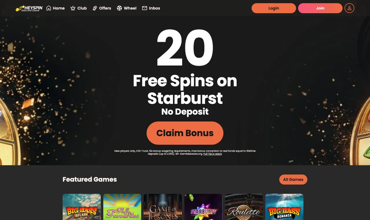 HeySpin home page on desktop