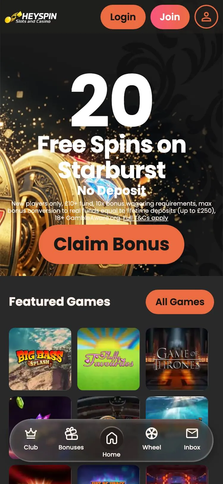 HeySpin home page on mobile
