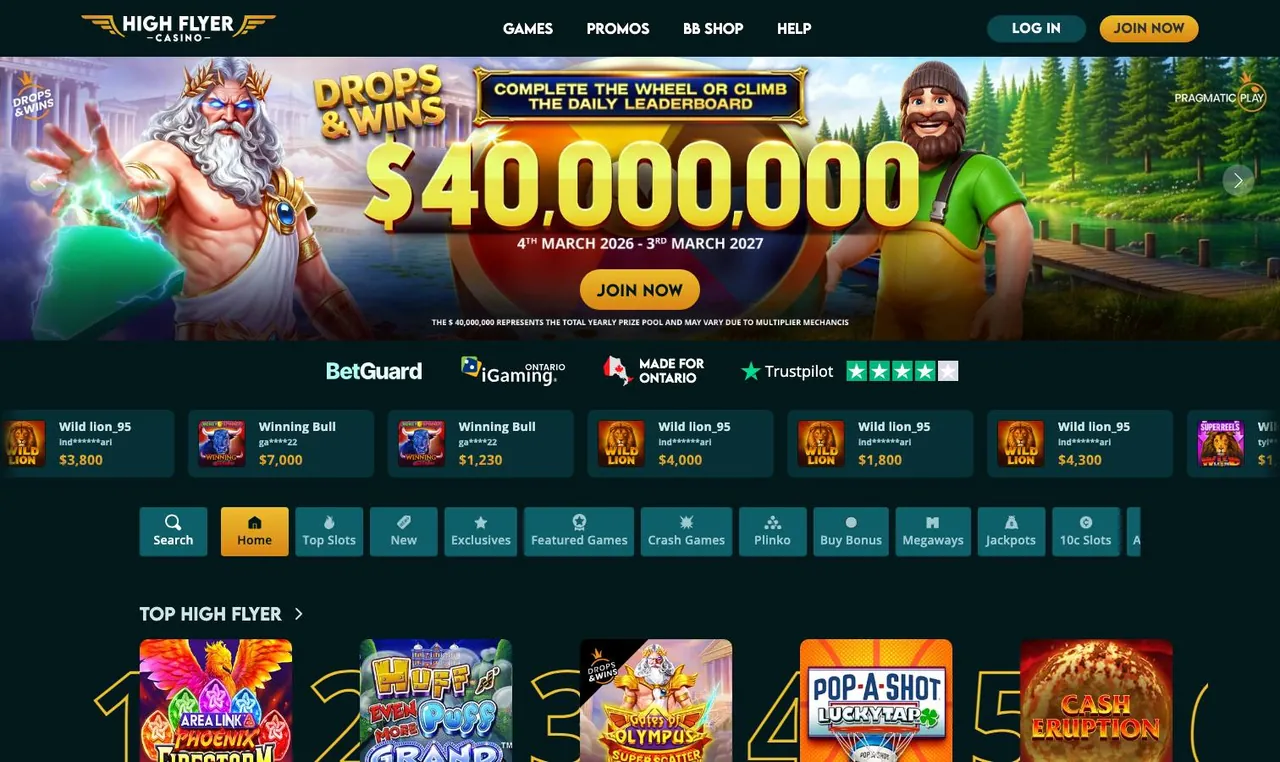 High Flyer Casino home page on desktop
