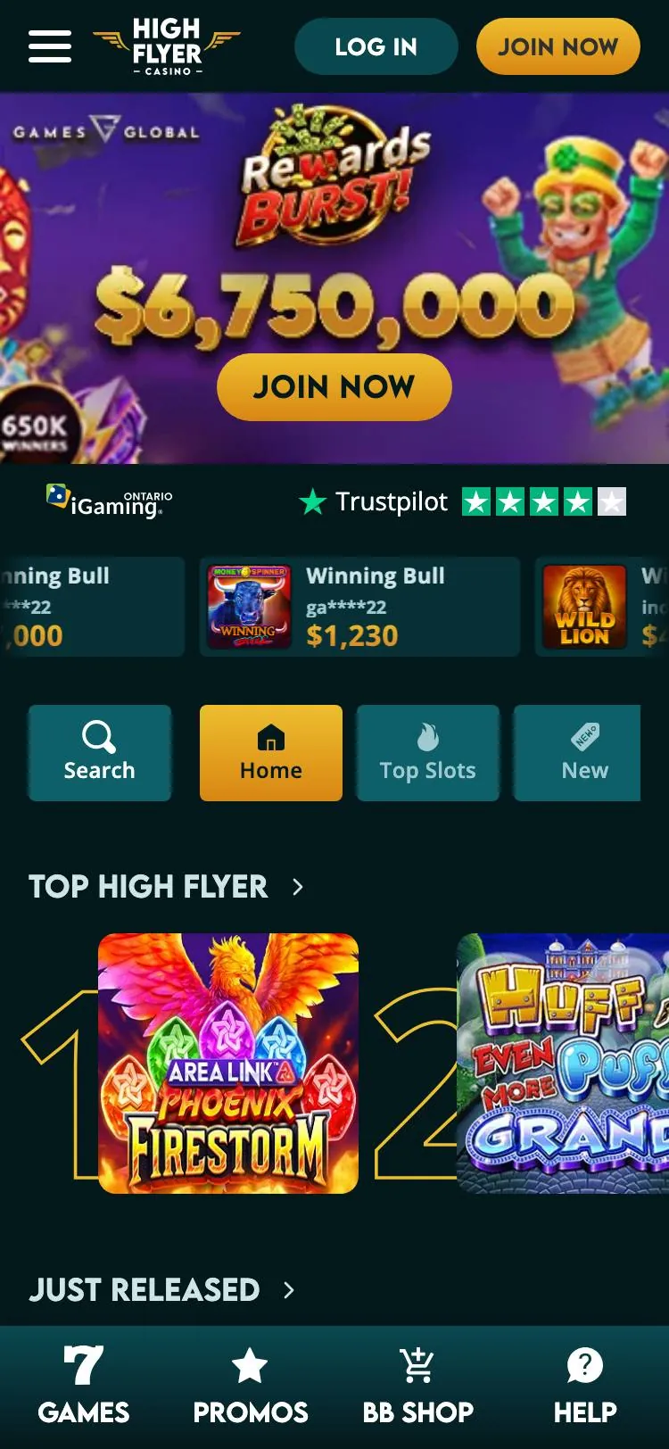 High Flyer Casino home page on mobile