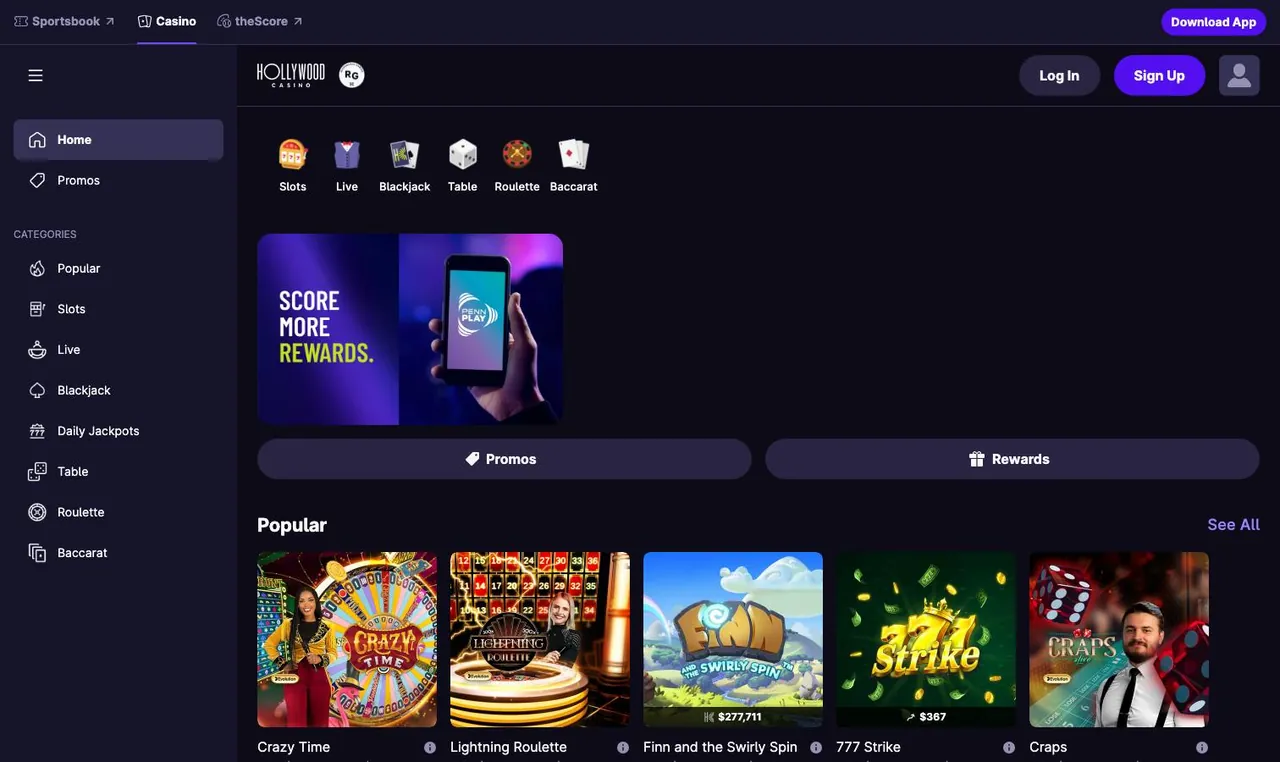 Hollywood Casino home page on desktop