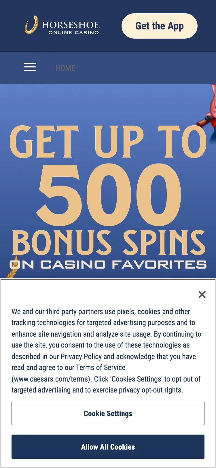 Horseshoe Online Casino home page on mobile