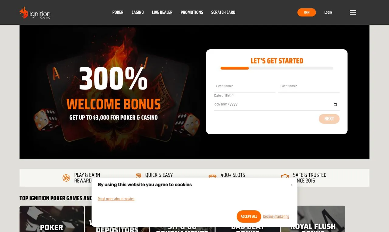 Ignition Casino home page on desktop