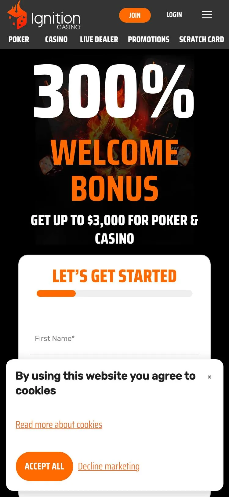 Ignition Casino home page on mobile