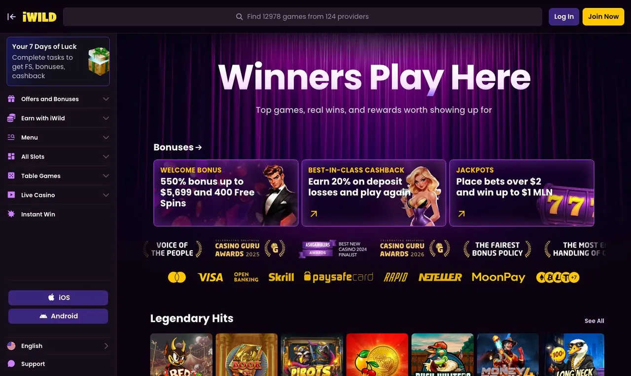 iWild Casino home page on desktop