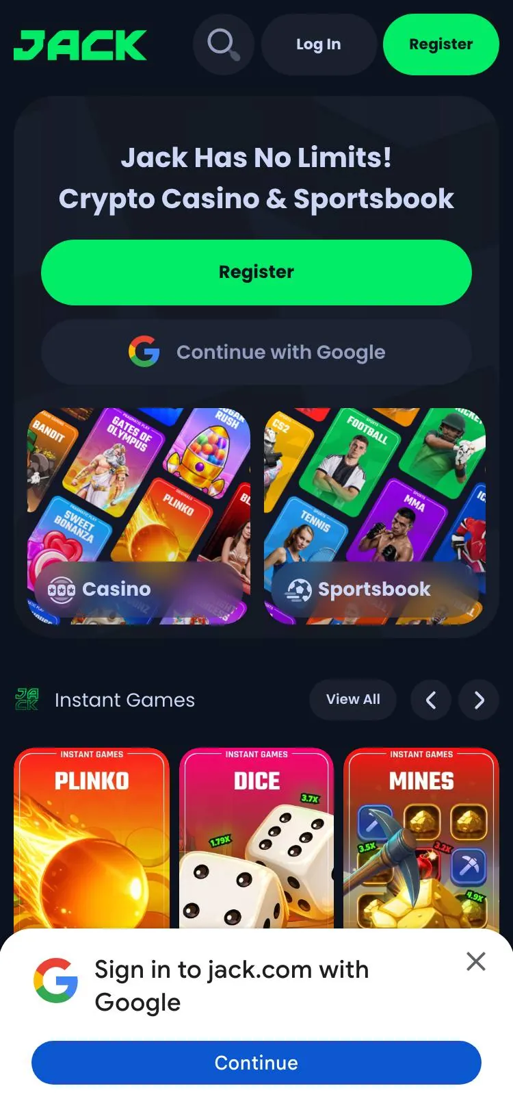 Jack home page on mobile