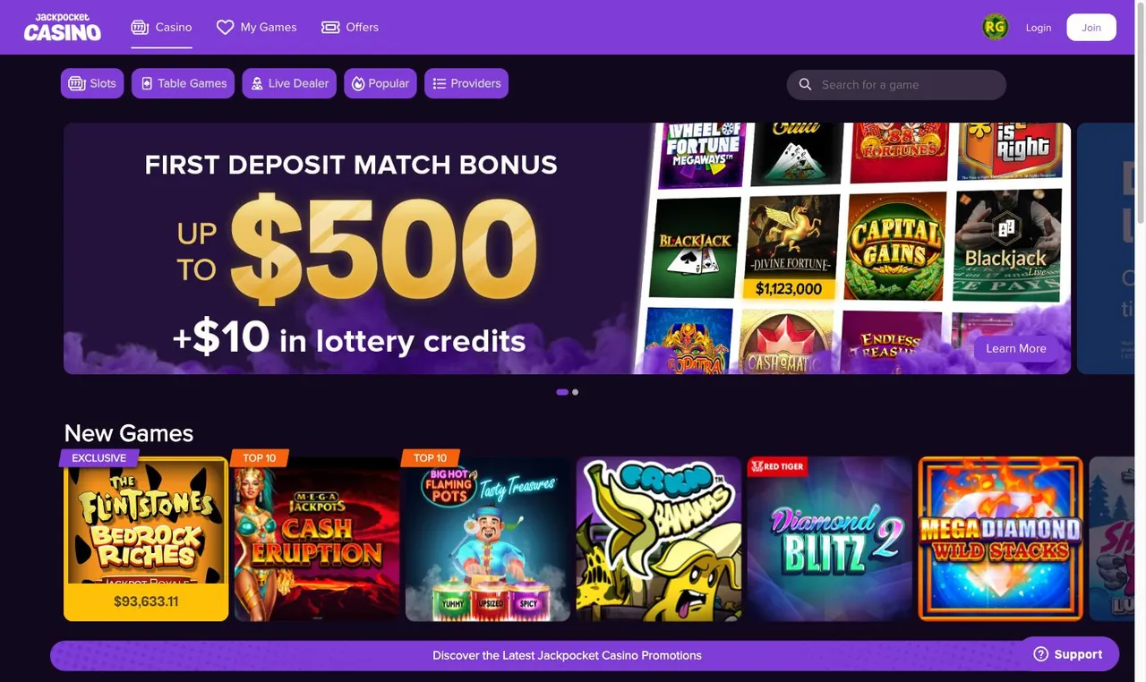 Jackpocket Casino home page on desktop