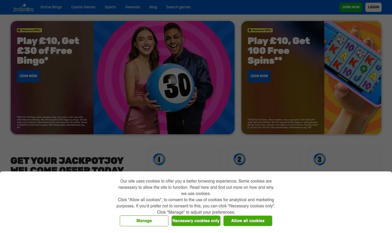 Jackpotjoy home page on desktop