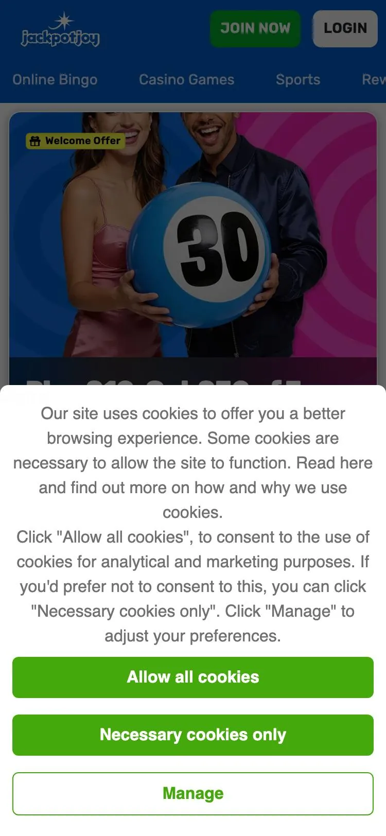 Jackpotjoy home page on mobile