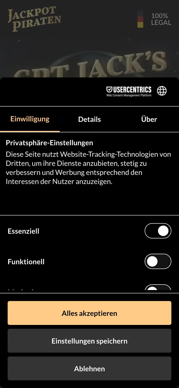 JackpotPiraten home page on mobile