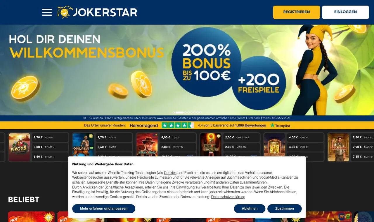 Jokerstar home page on desktop