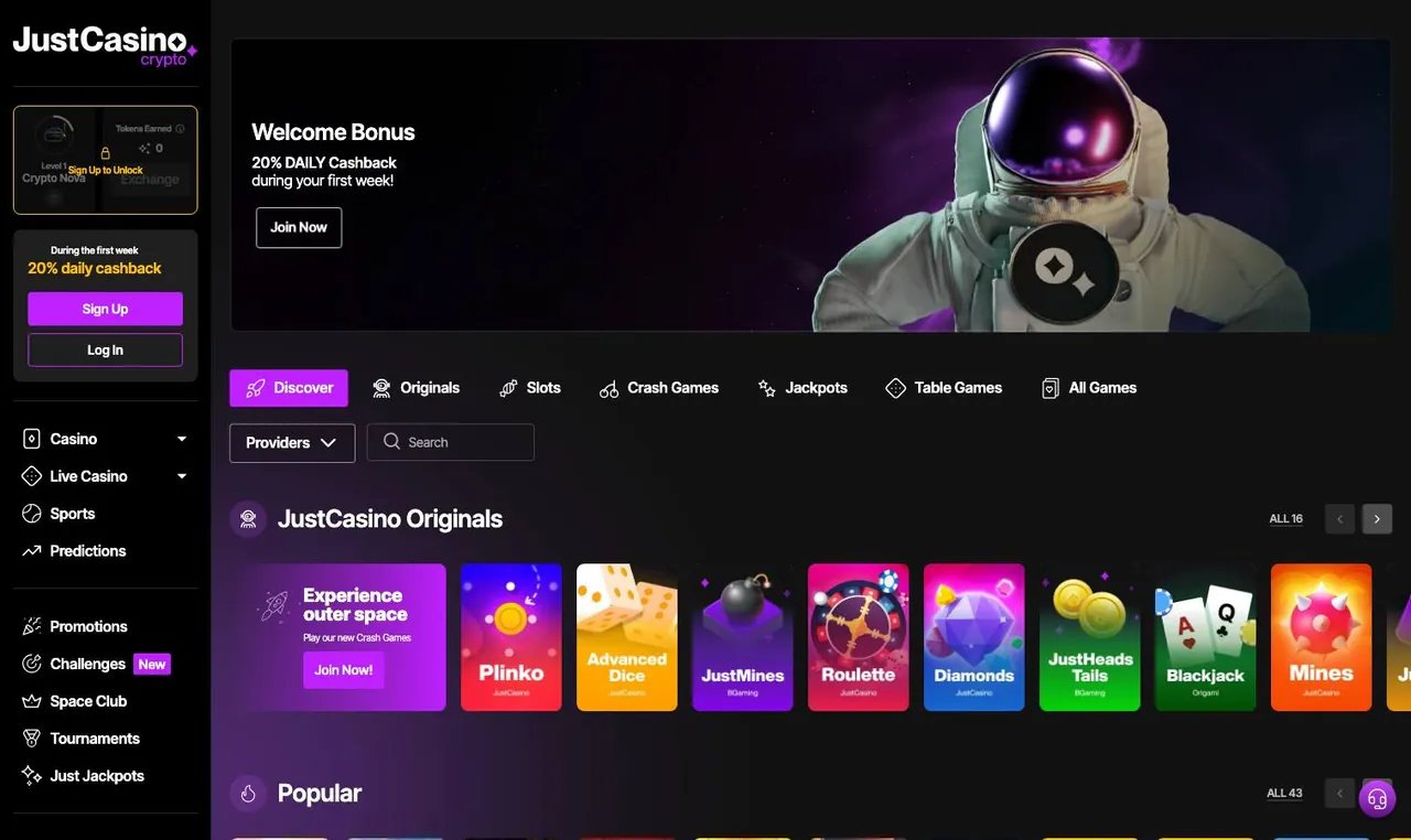 JustCasino home page on desktop