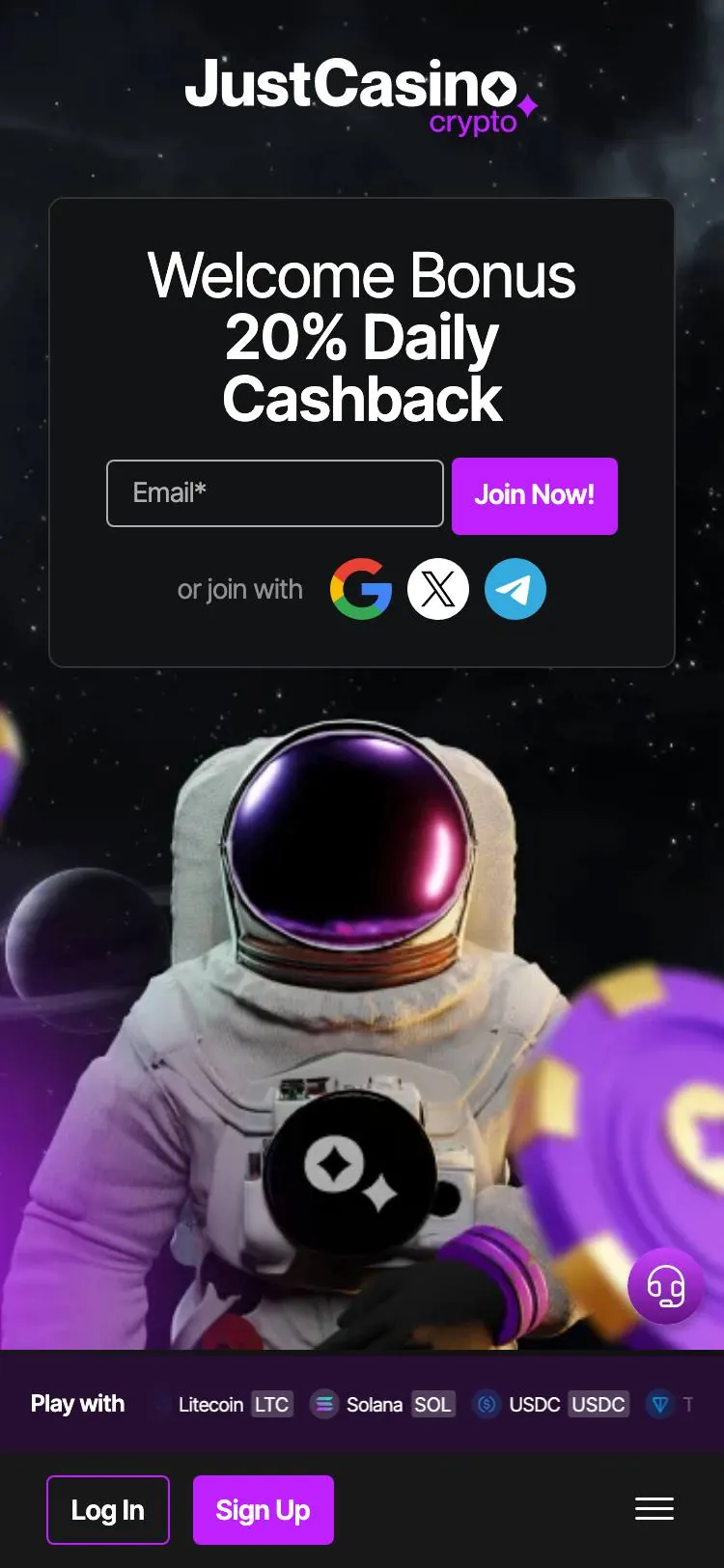 JustCasino home page on mobile