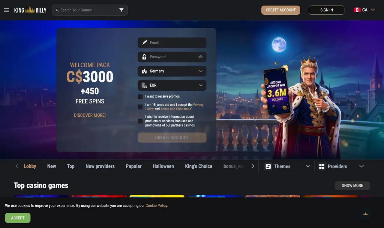 King Billy Casino home page on desktop