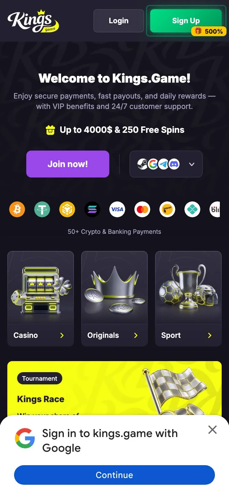 Kings Game home page on mobile