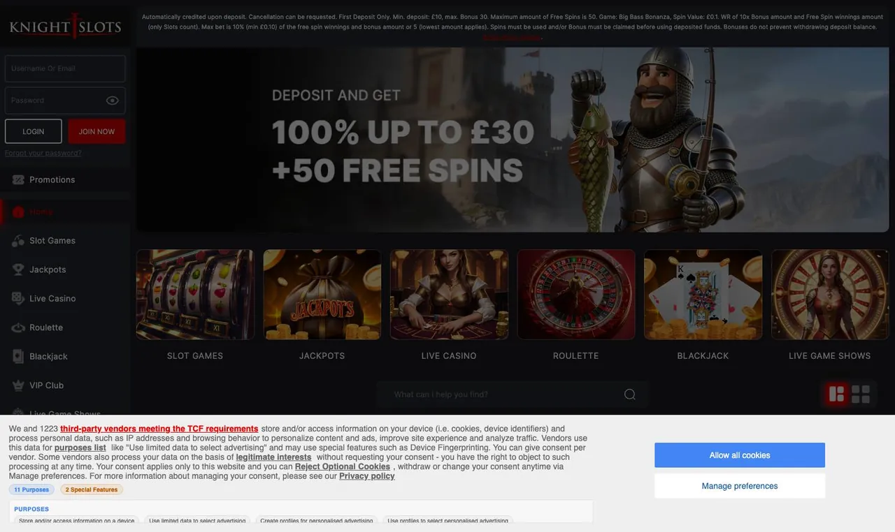 Knightslots home page on desktop