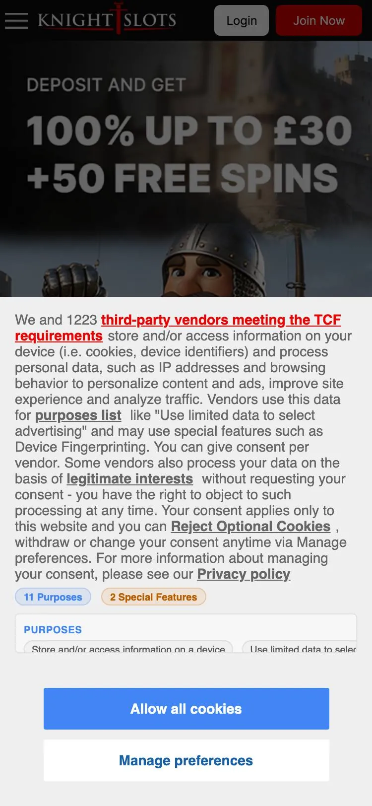 Knightslots home page on mobile