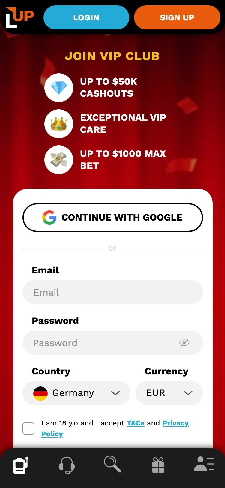 LevelUp Casino home page on mobile