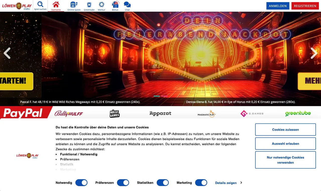 Löwen Play home page on desktop