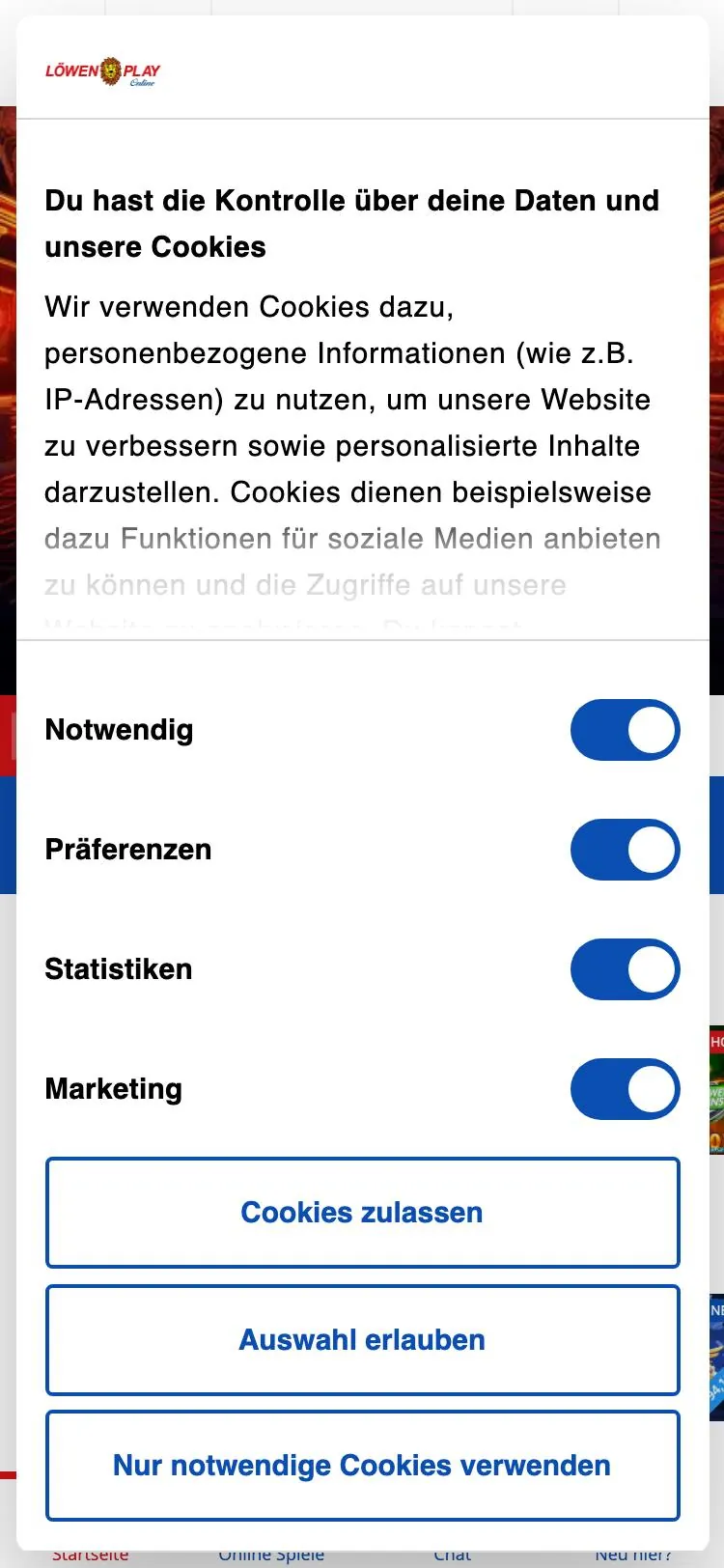 Löwen Play home page on mobile