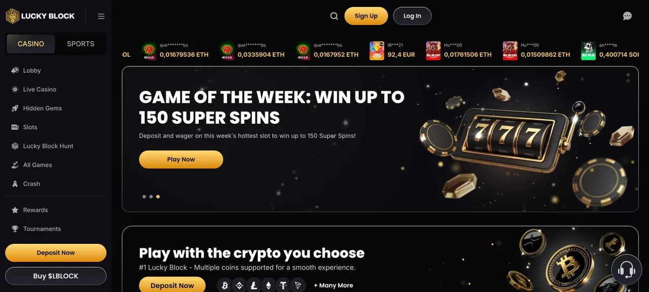 Lucky Block home page on desktop