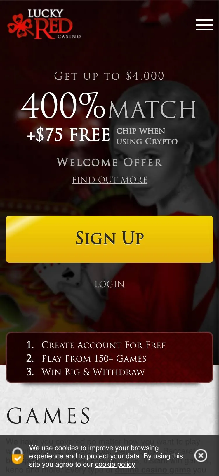 Lucky Red Casino home page on mobile