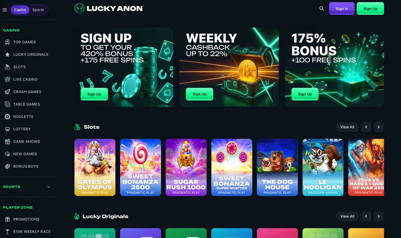 Lucky Anon home page on desktop