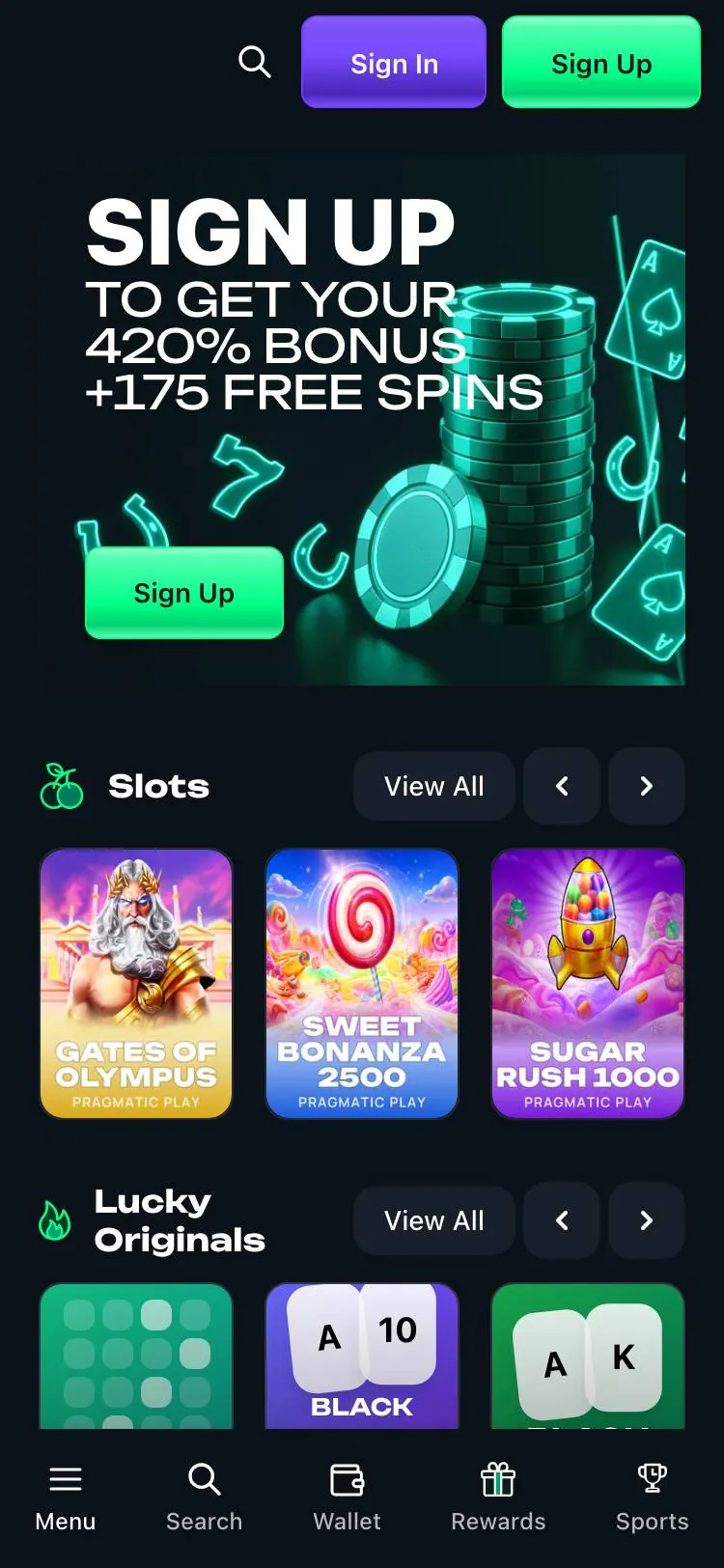 Lucky Anon home page on mobile