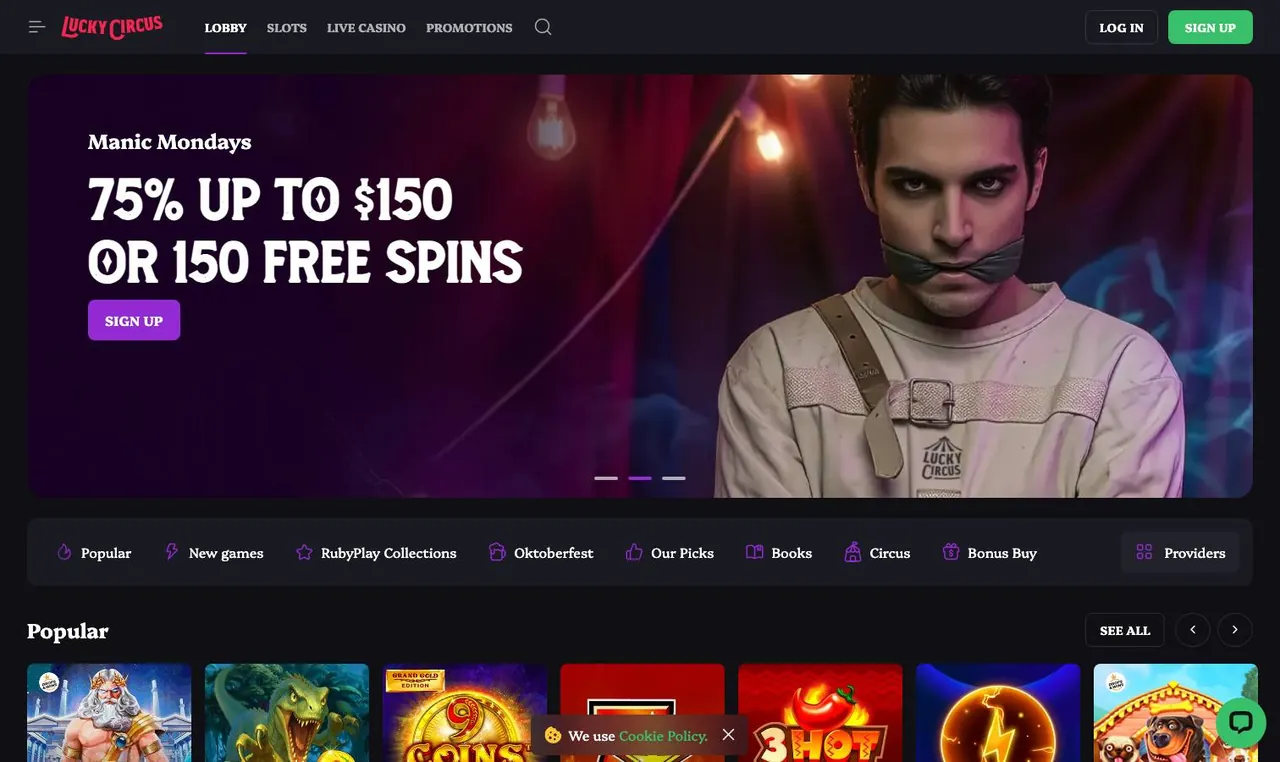 Lucky Circus home page on desktop