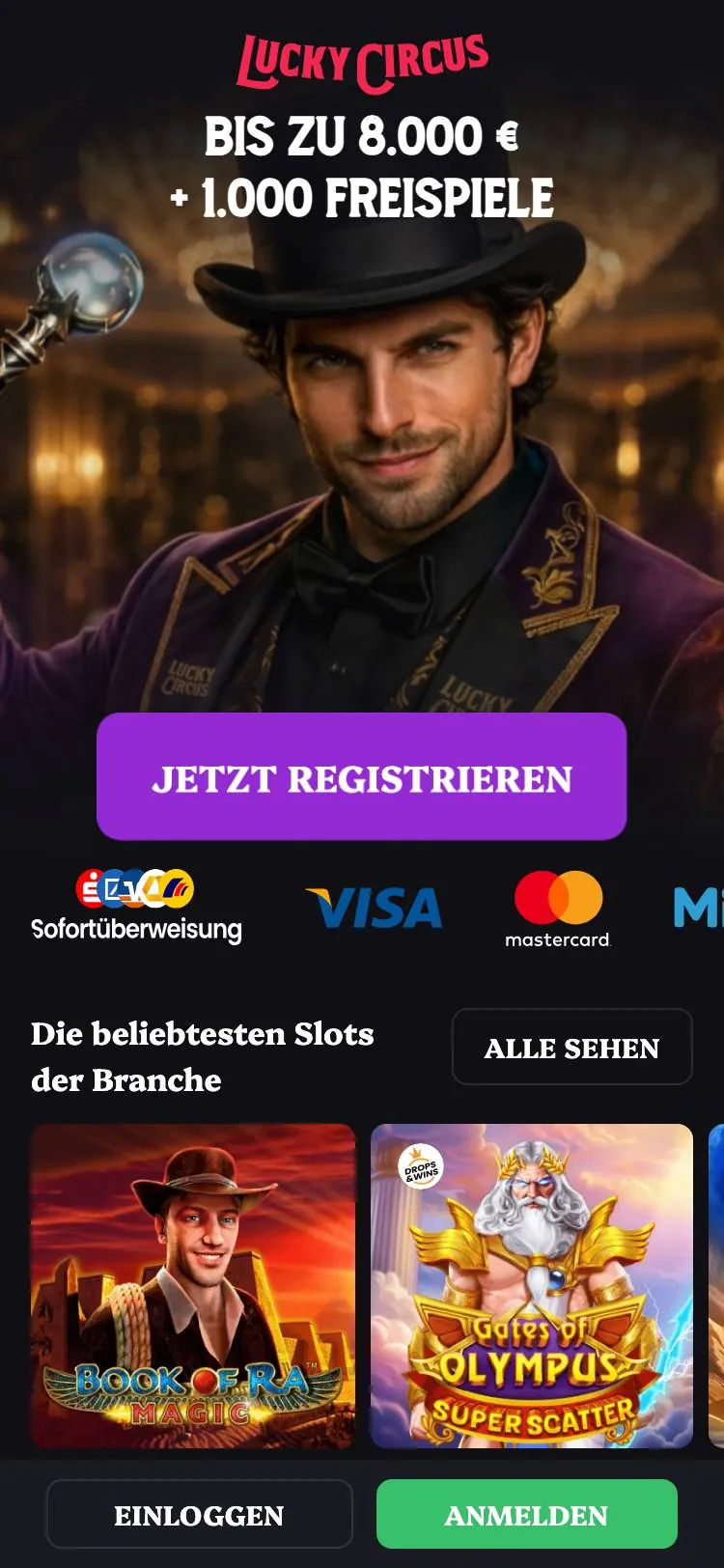 Lucky Circus home page on mobile