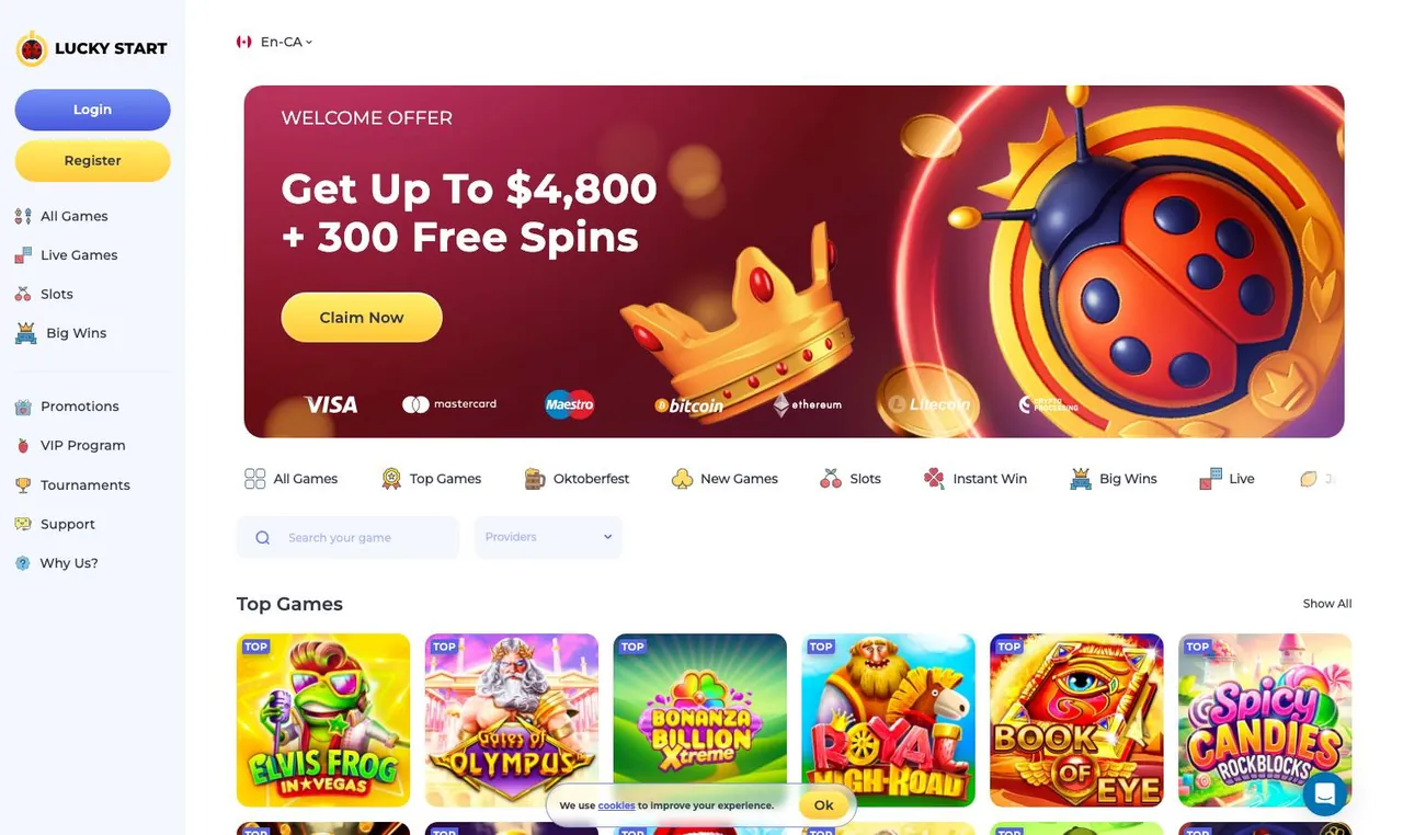 LuckyStart home page on desktop