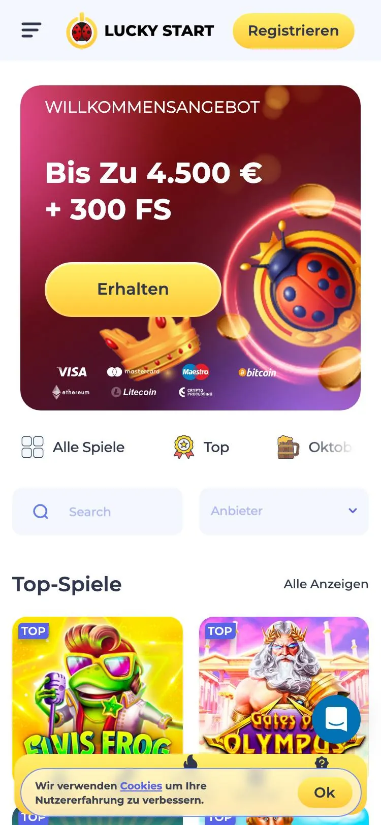 LuckyStart home page on mobile