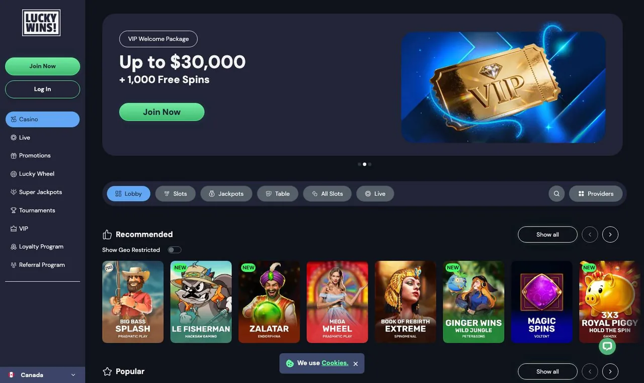 LuckyWins home page on desktop