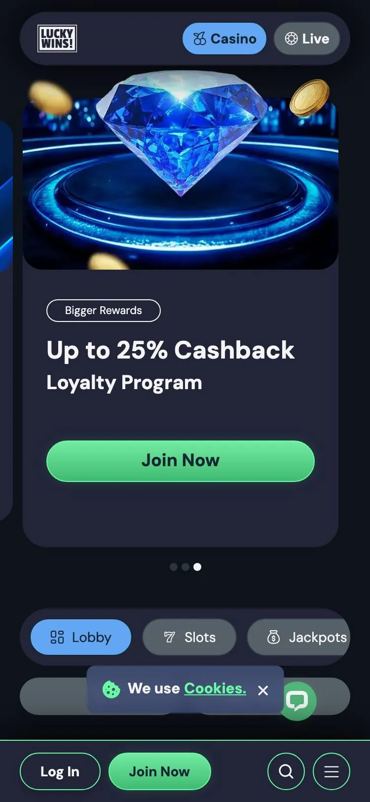LuckyWins home page on mobile