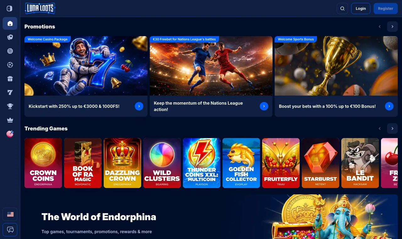 LunaLoots home page on desktop