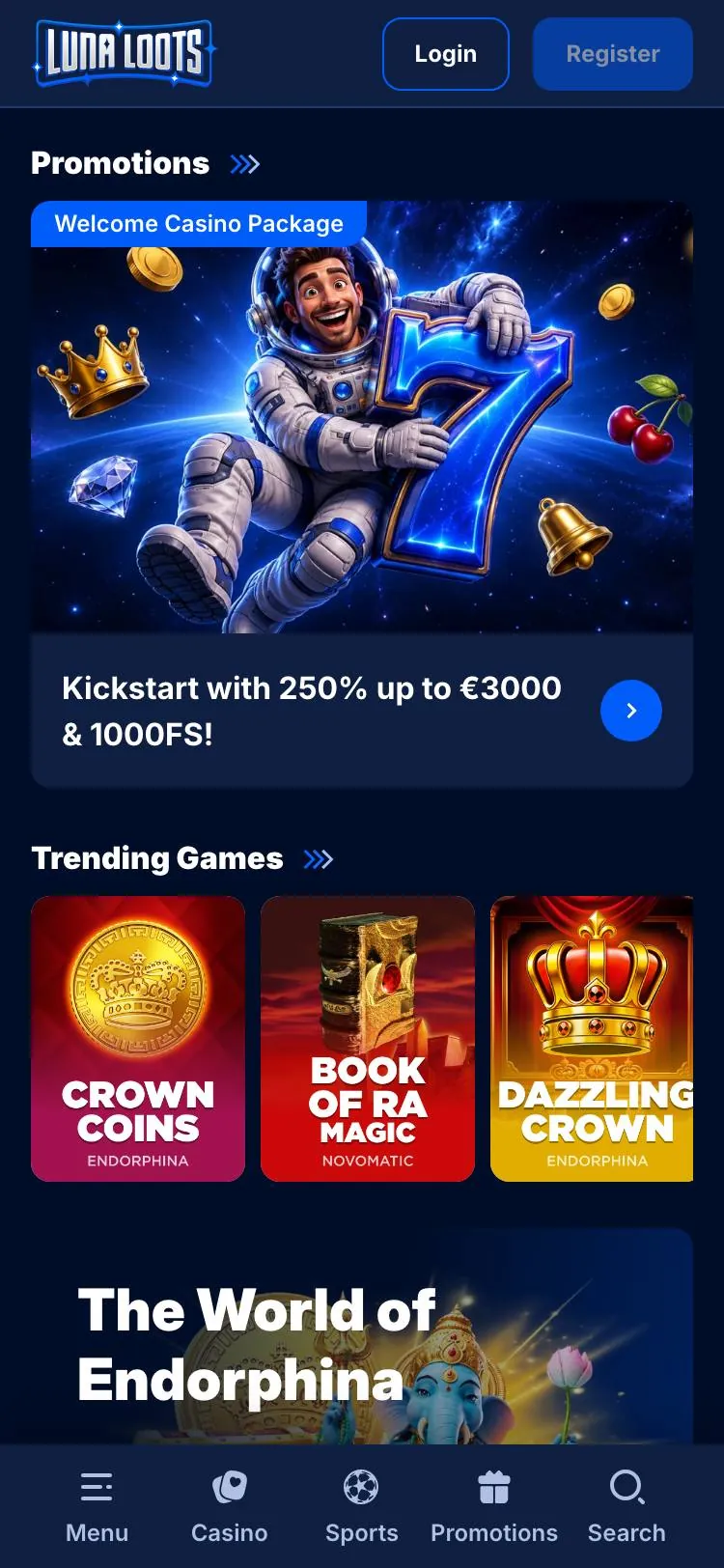 LunaLoots home page on mobile
