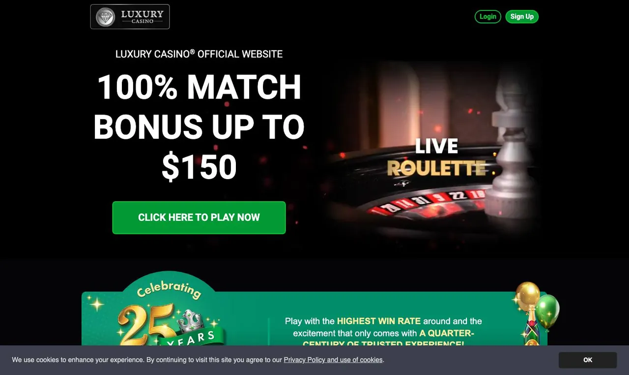 Luxury Casino home page on desktop