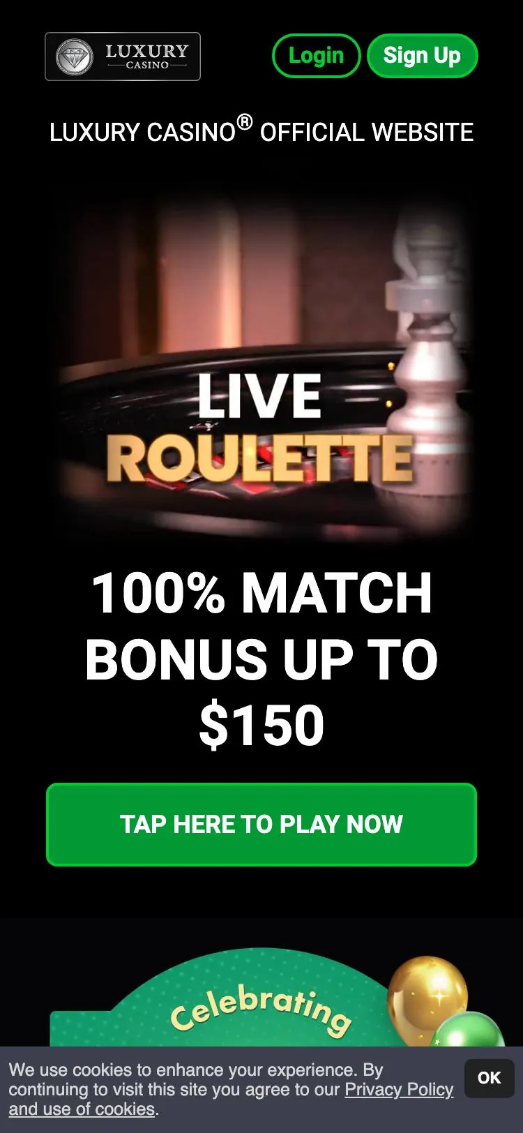 Luxury Casino home page on mobile